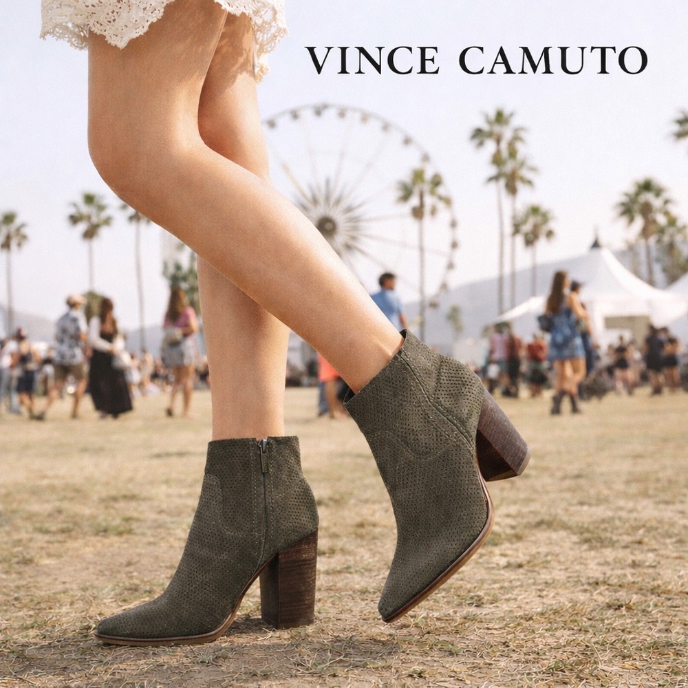 Vince Camuto Olive Perforated Suede Ankle Booties 7.5 Block Heel Western Style